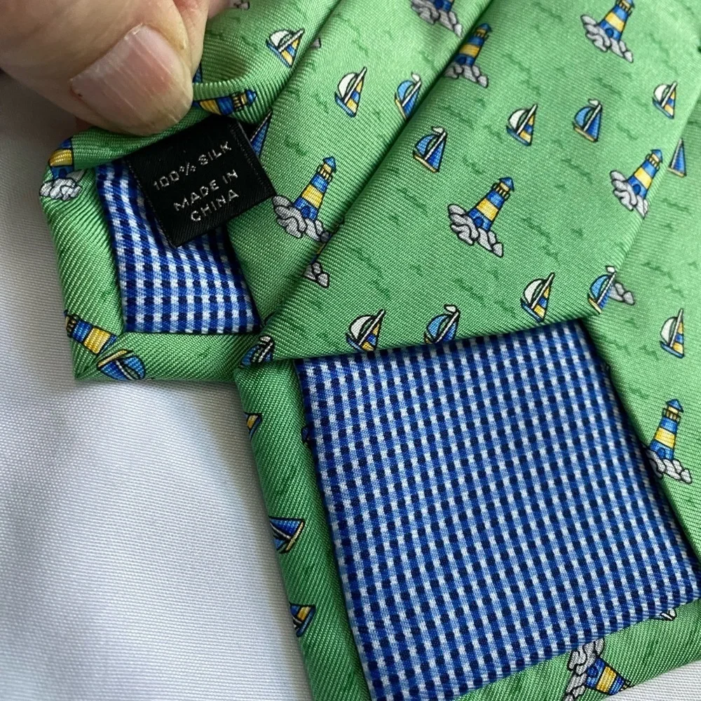 Haspel Silk Tie Green Nautical Tipped Bar Tac Keeper Loop 60”x3.25” 80s to 90s
